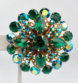 Gold Tone Brooch with Green and Blue Rhinestones in Floral Design