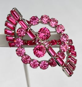 Signed Weiss Pink Rhinestone Brooch in Silver Tone Setting