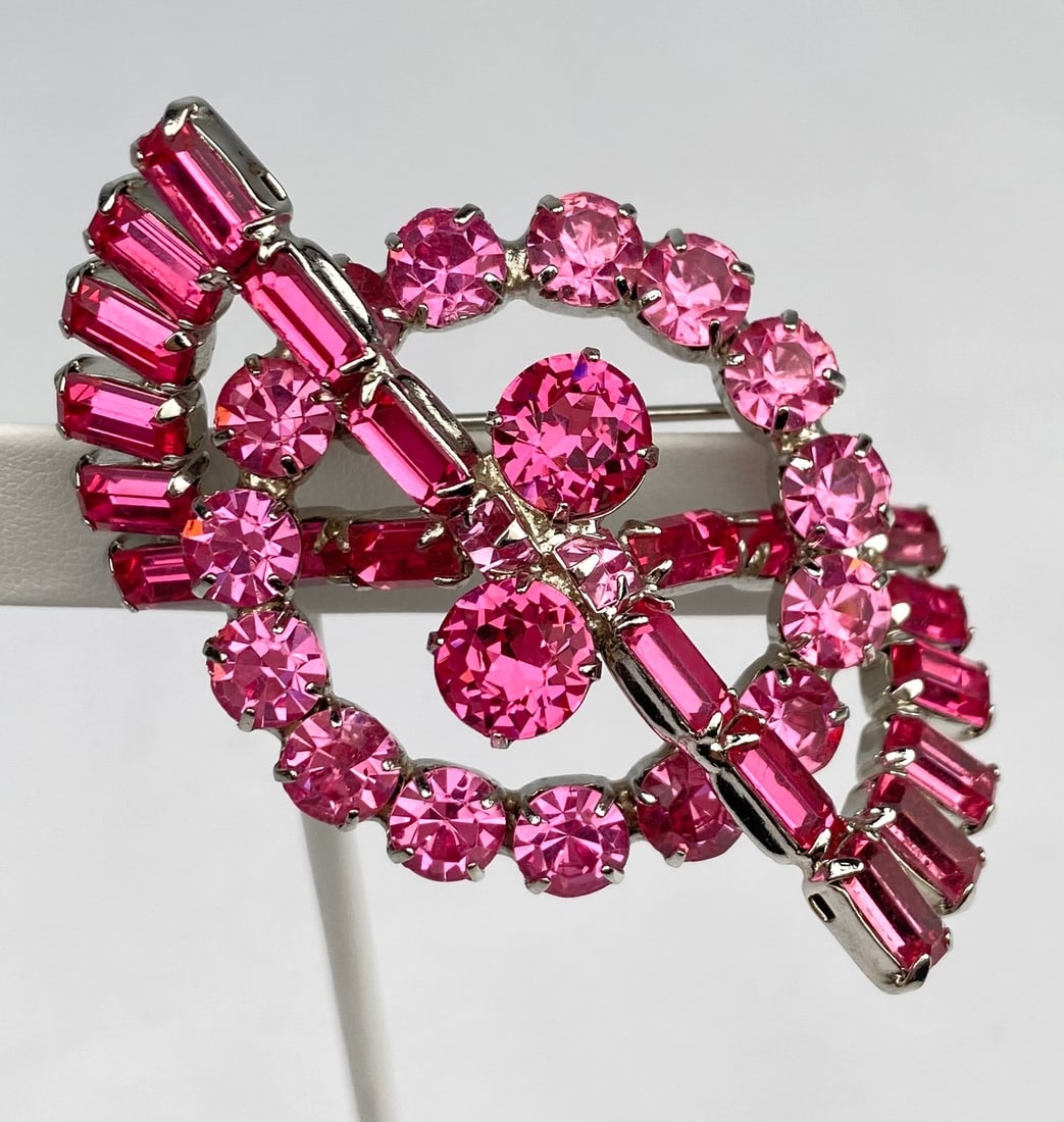 Signed Weiss Pink Rhinestone Brooch in Silver Tone Setting (1 of 8)