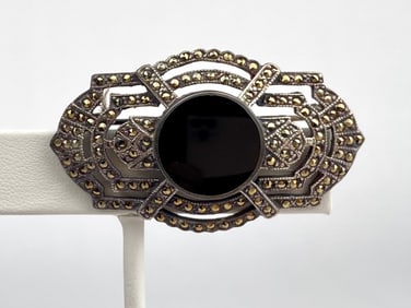 Sterling Silver Art Deco Revival Marcasite and Onyx Brooch