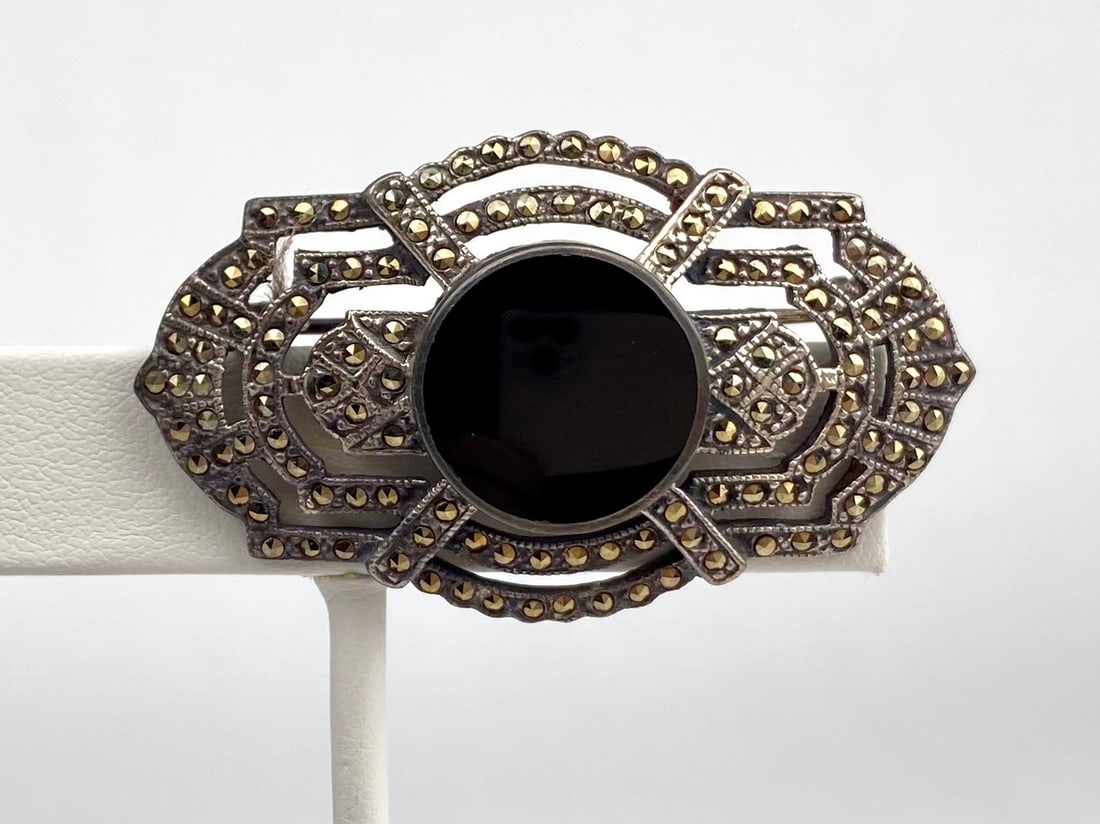 Sterling Silver Art Deco Revival Marcasite and Onyx Brooch (1 of 6)