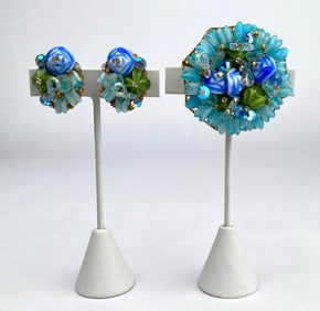 Vintage Blue and Green Beaded Brooch and Clip On Earrings Set