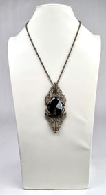 Art Nouveau Pendant Necklace with Black Faceted Stone