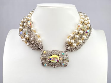 Multistrand Faux Pearl and Aurora Borealis Rhinestone Necklace