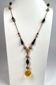 Black and Gold Tone Glass Bead Necklace with Yellow Pendant