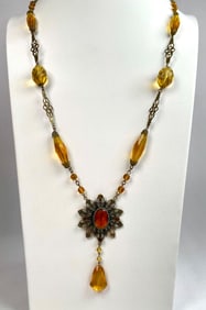Amber Glass and Filigree Pendant Necklace