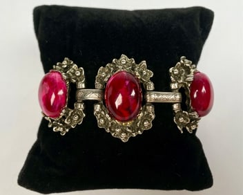 Victorian Revival Bracelet with Red Stones and Floral Detailing
