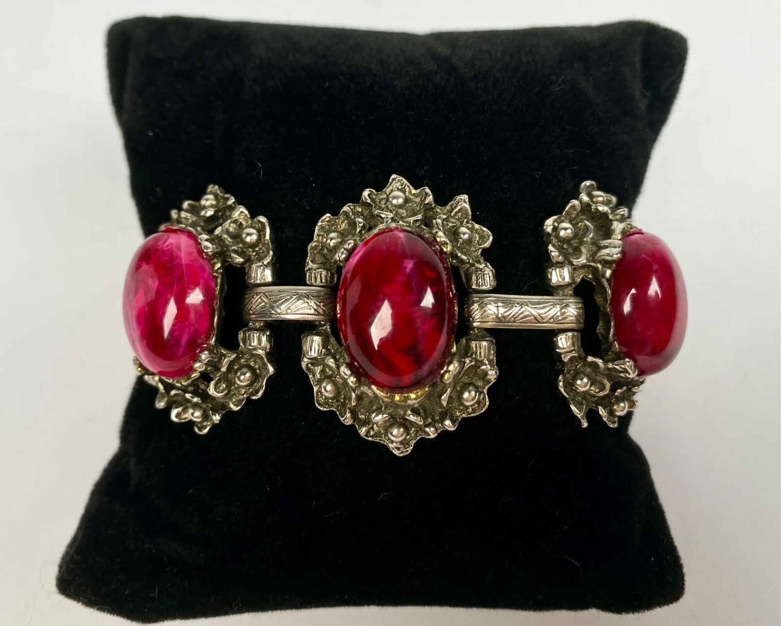 Victorian Revival Bracelet with Red Stones and Floral Detailing (1 of 9)