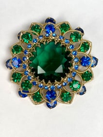 Mid Century Sunburst Brooch with Green and Blue Rhinestones