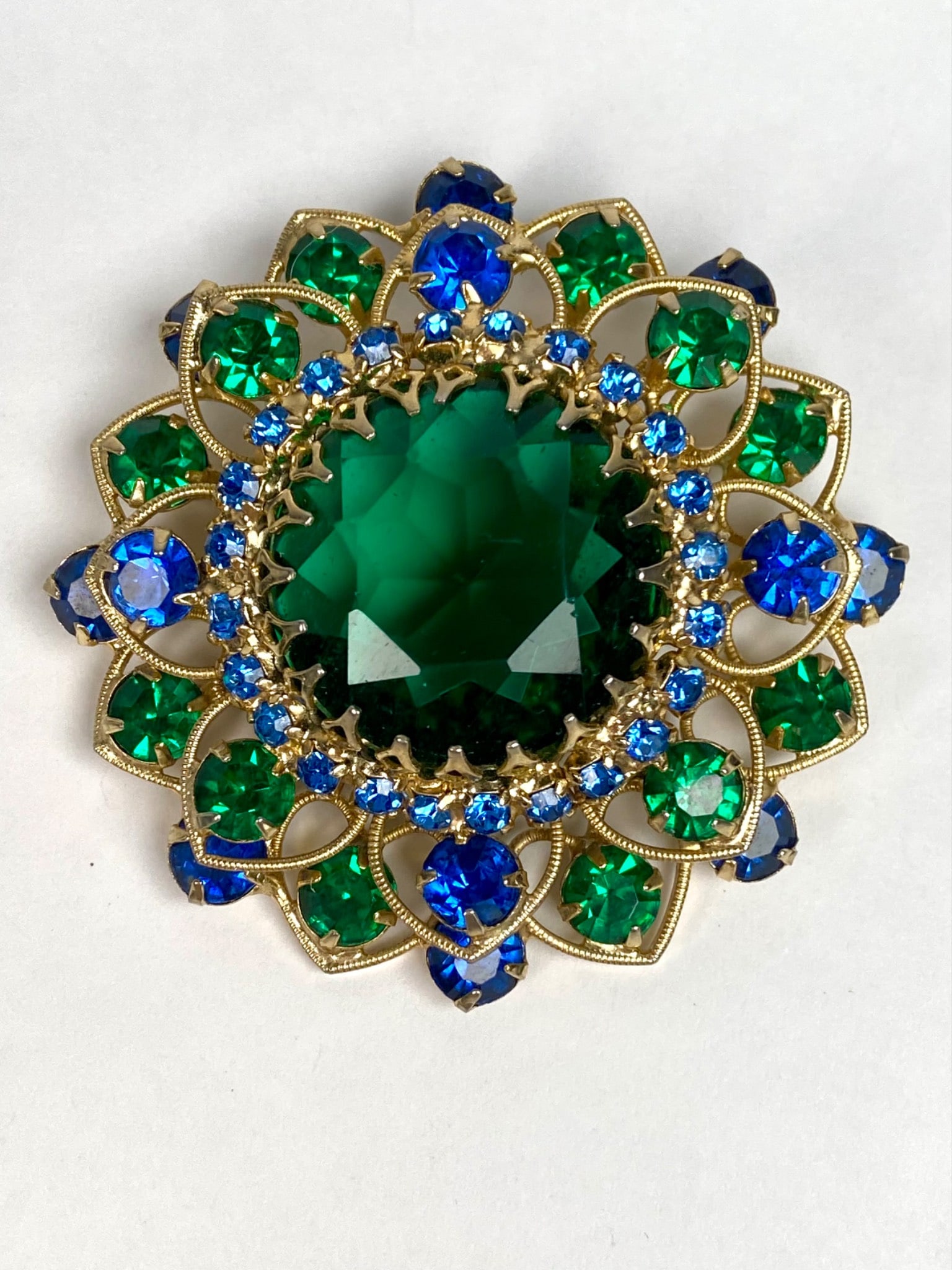 Mid Century Sunburst Brooch with Green and Blue Rhinestones (1 of 9)