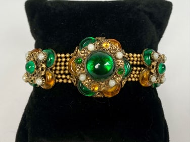 Gold Tone Bracelet with Green and Amber Cabochons