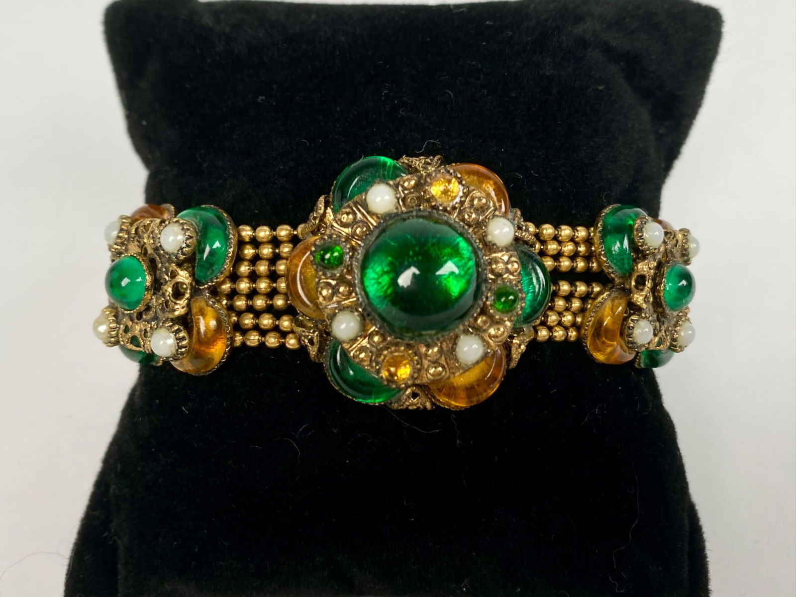 Gold Tone Bracelet with Green and Amber Cabochons (1 of 10)