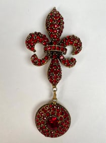 Fleur de Lis Brooch with Red Rhinestone Inlay and Dangling Pendant