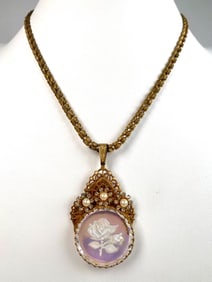 Signed Miriam Haskell Necklace with Rose Motif Pendant