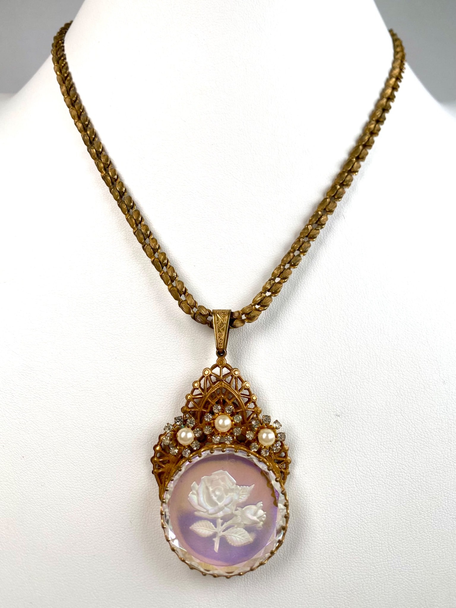 Signed Miriam Haskell Necklace with Rose Motif Pendant (1 of 11)