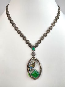 Sterling Silver Art Deco Necklace with Enameled Bird Pendant