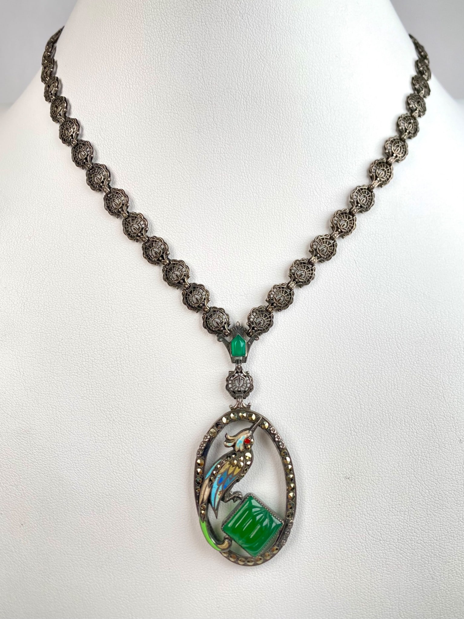 Sterling Silver Art Deco Necklace with Enameled Bird Pendant (1 of 12)