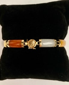14K Gold Multicolor Jade Bracelet with Chinese Good Fortune Symbol