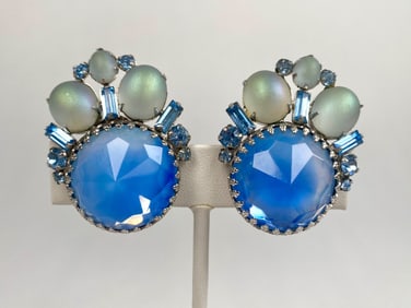 Signed Hattie Carnegie Clip On Earrings with Blue and Iridescent Stones