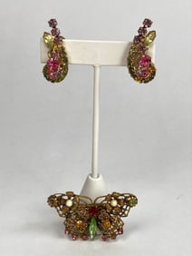 Gold Tone Rhinestone Clip On Earrings and Butterfly Brooch Set