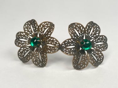 Pair of Brass Filigree Cuff Links with Green Glass Stones