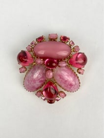 Signed Schreiner Brooch with Pink and Red Glass Cabochons