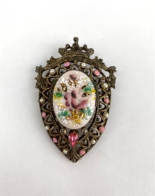 Decorative Crest Shaped Brooch with Enamel and Stone Accents