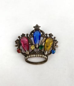 Sterling Silver Crown Shaped Brooch with Multicolored Rhinestones