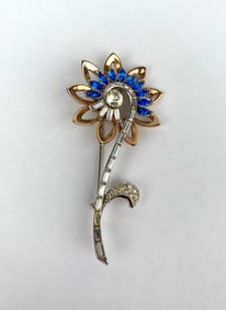 Gold and Silver Tone Floral Brooch with Blue and Clear Stones
