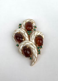 Trifari Gold Tone Brooch With Faux Garnet and Rhinestone Accents