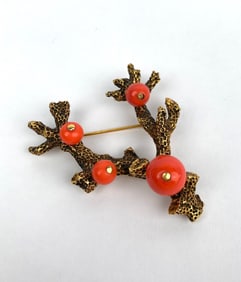 Gilt Coral Form Brooch with Red Accents Signed Anne Klein