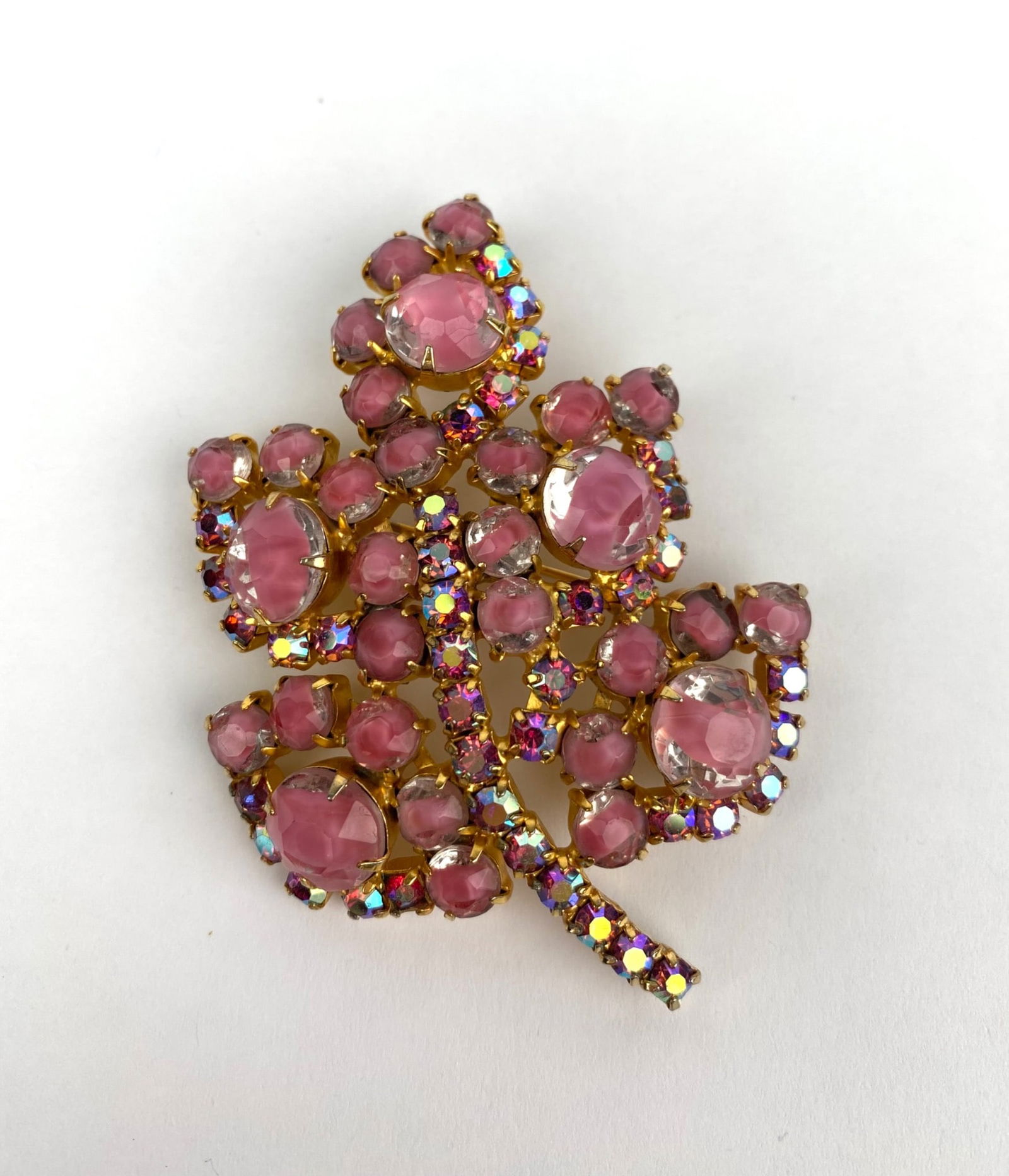 Gold Tone Leaf Brooch with Pink and Iridescent Rhinestones (1 of 7)