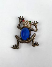Frog Brooch with Blue Cabochon and Rhinestone Accents