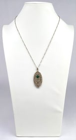 Art Deco Revival Filigree Pendant Necklace with Green Stone