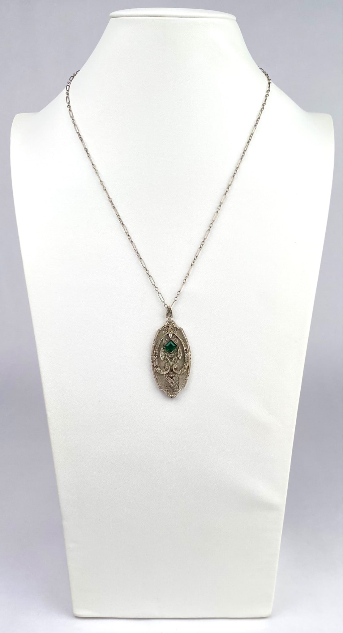 Art Deco Revival Filigree Pendant Necklace with Green Stone (1 of 7)