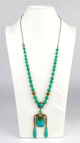 Antique Czech Peking Glass and Gilt Filigree Pendant Necklace