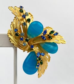 Hattie Carnegie Brooch with Blue Cabochons and Colored Rhinestones