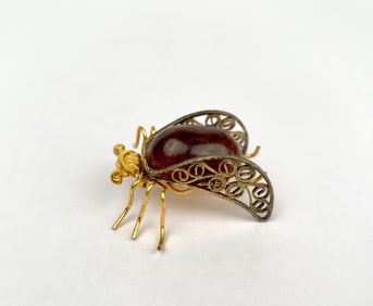 Mid Century 14K Gold Filled Filigree and Amber Insect Brooch