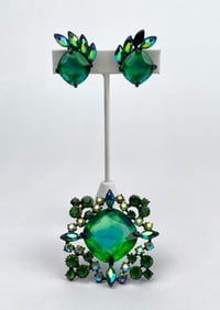 Mid Century Claudette Green Rhinestone Brooch and Clip On Earrings