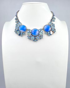 Signed Vintage Hattie Carnegie Blue Opalescent Glass Bib Necklace