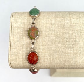 Vintage IBB Korea Sterling Silver Multi Stone Scarab Bracelet