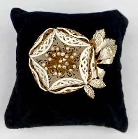 Mid Century Vendome Gold Tone and White Enamel Filigree Brooch