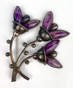 Mid Century Mexican Sterling Silver and Amethyst Brooch by Jono