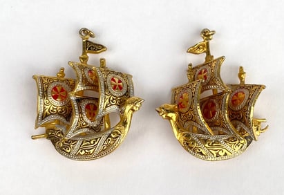 Pair of Vintage Spanish Damascene Ship Pendants