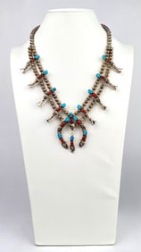 Navajo Sterling Silver and Turquoise Squash Blossom Necklace