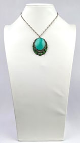 Victorian Revival Czech Filigree Pendant Necklace with Molded Glass