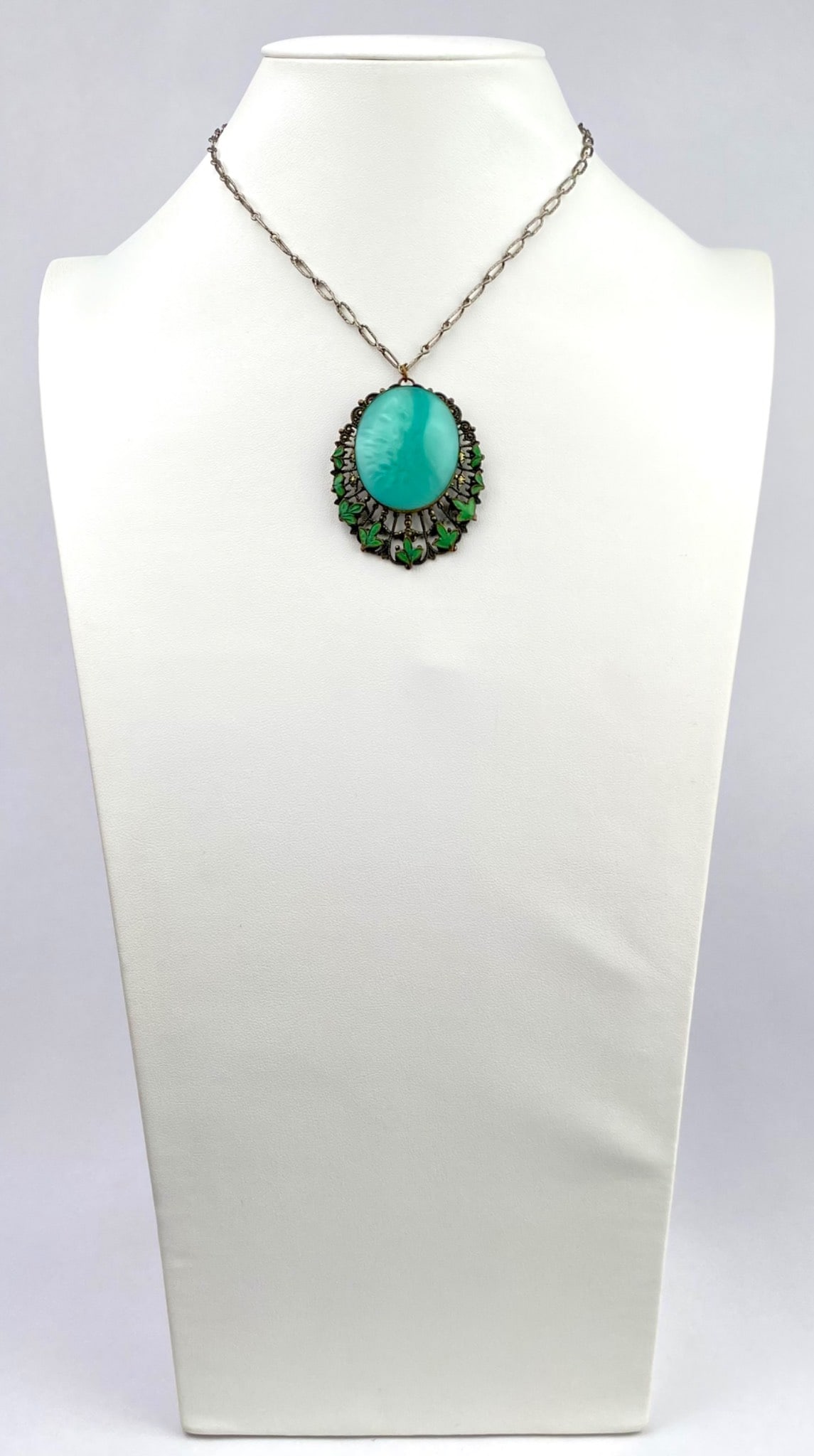 Victorian Revival Czech Filigree Pendant Necklace with Molded Glass (1 of 8)