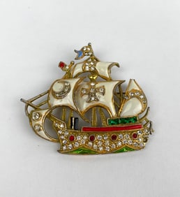 Staret Gold Toned Ship Brooch with Enamel and Rhinestone Detailing