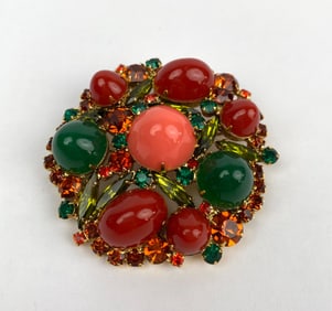 Gold Tone Brooch with Multicolored Cabochons and Rhinestones