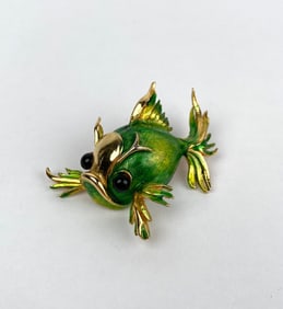 Green and Gold Toned Fish Brooch, Signed Hattie Carnegie